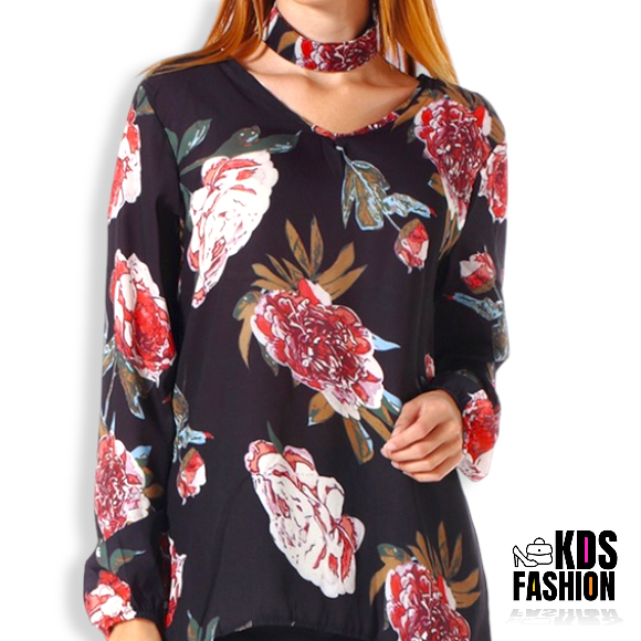 Boutique V-Neck/Back Floral Blouse w/Choker LG NEW