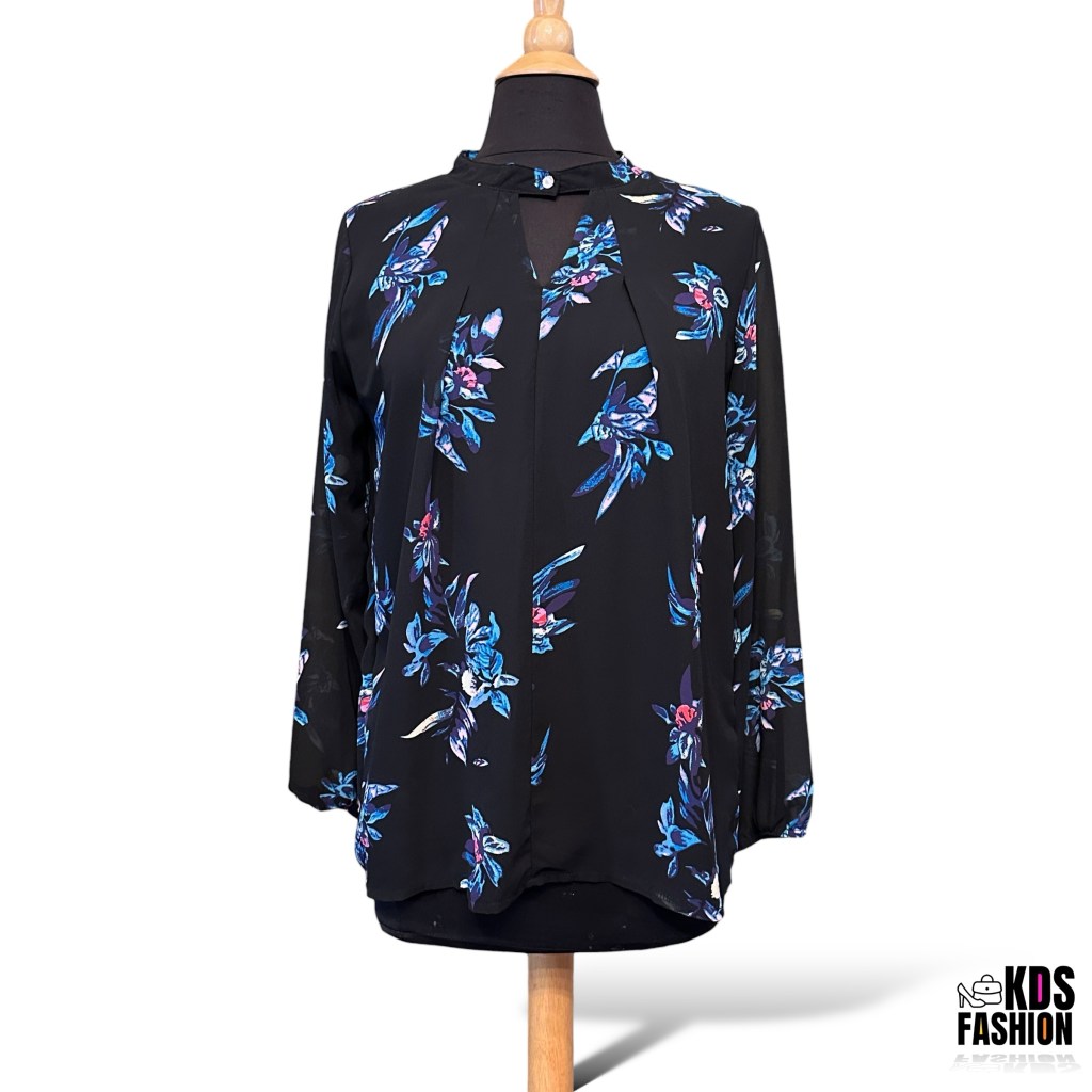 Boutique Floral High Low Pleated Keyhole Blouse LG NWOT