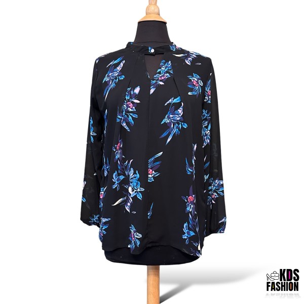 Boutique Floral High Low Pleated Keyhole Blouse LG NWOT