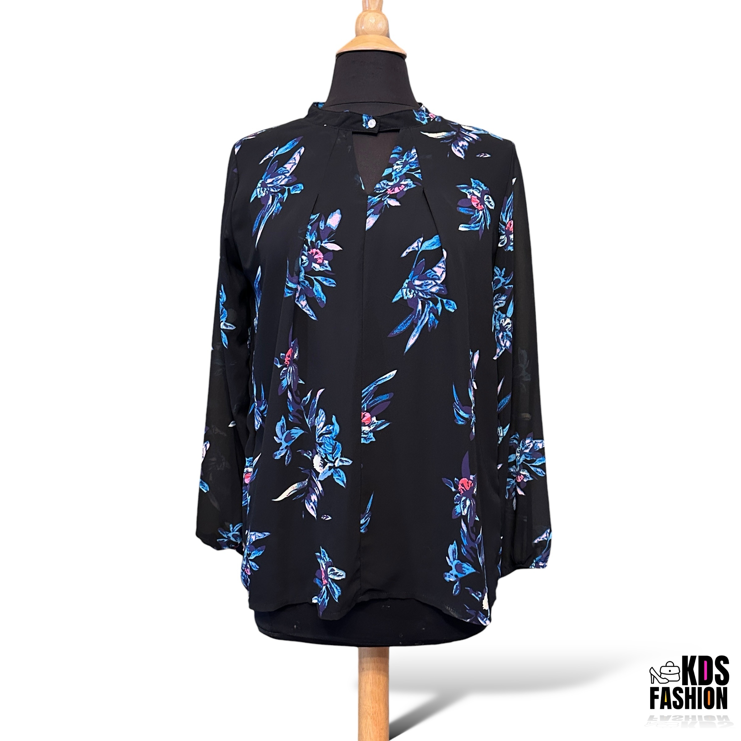 Boutique Floral High Low Pleated Keyhole Blouse LG NWOT