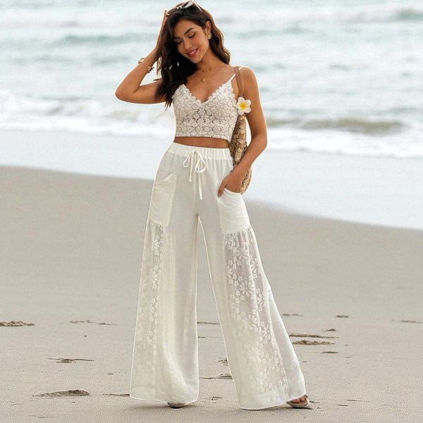 SHEIN Women’s Cream Lace Panel Wide-Leg Pants New SM