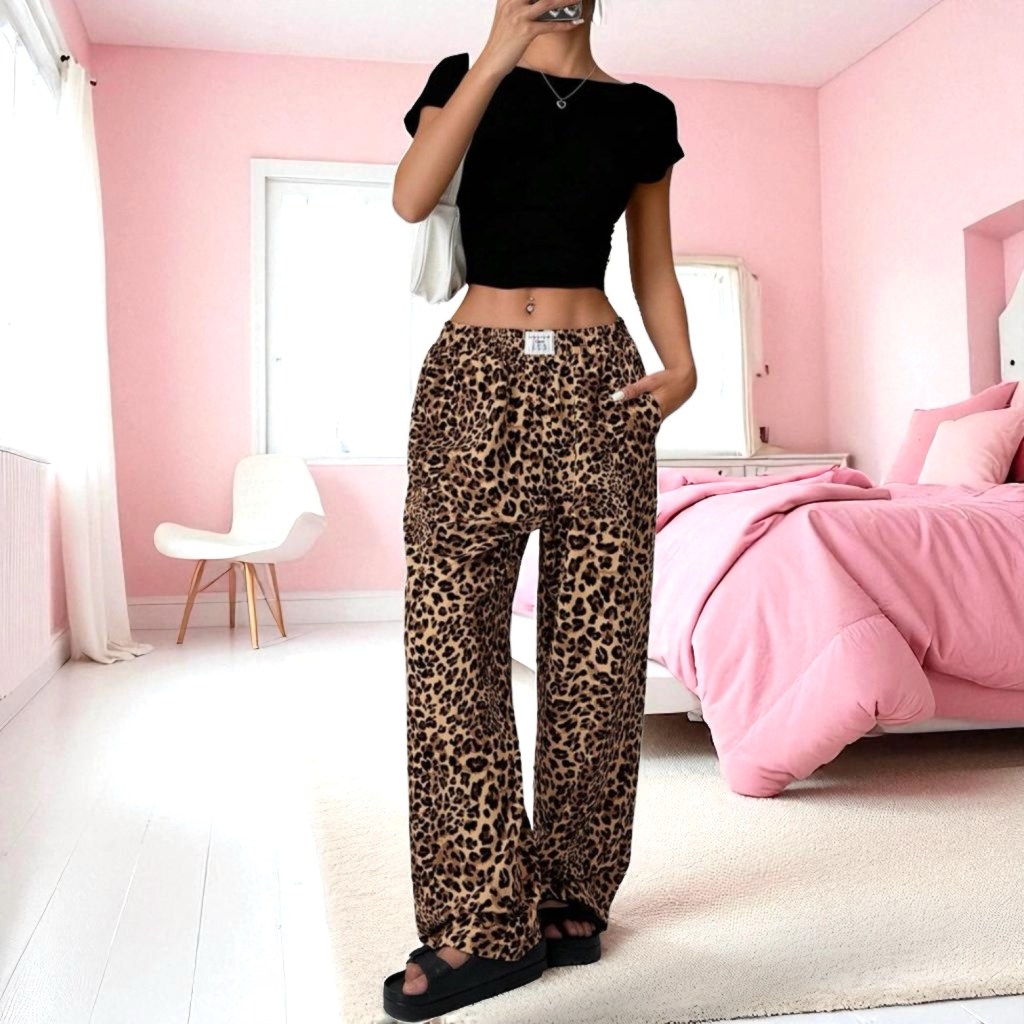 SHEIN Women’s Leopard Print Wide Leg Lounge Pants New SM