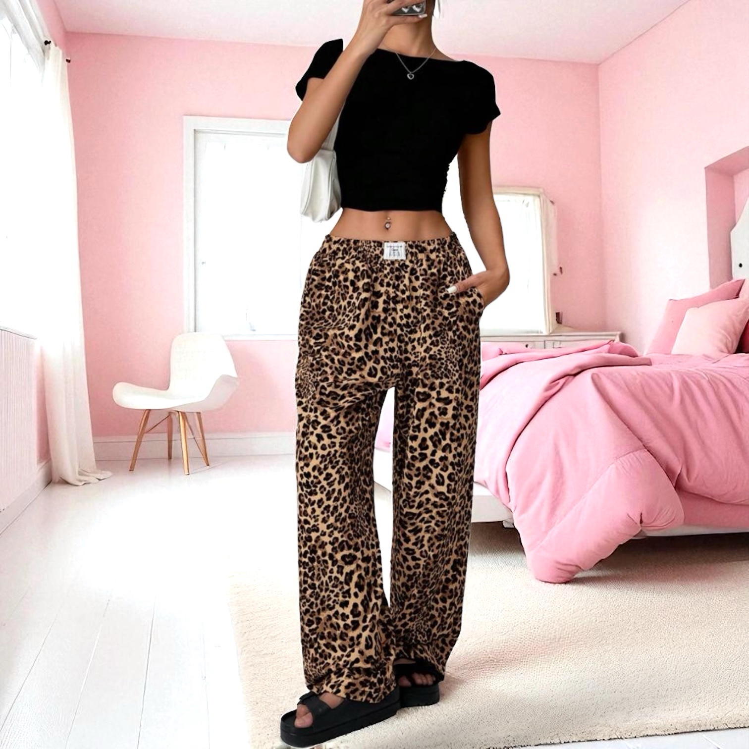 SHEIN Women's Leopard Print Wide Leg Lounge Pants New SM – Karnas - Main Image