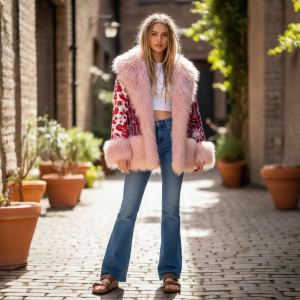 SHEIN Faux Fur Trim Statement Jacket | Floral Patchwork | Size S (4)