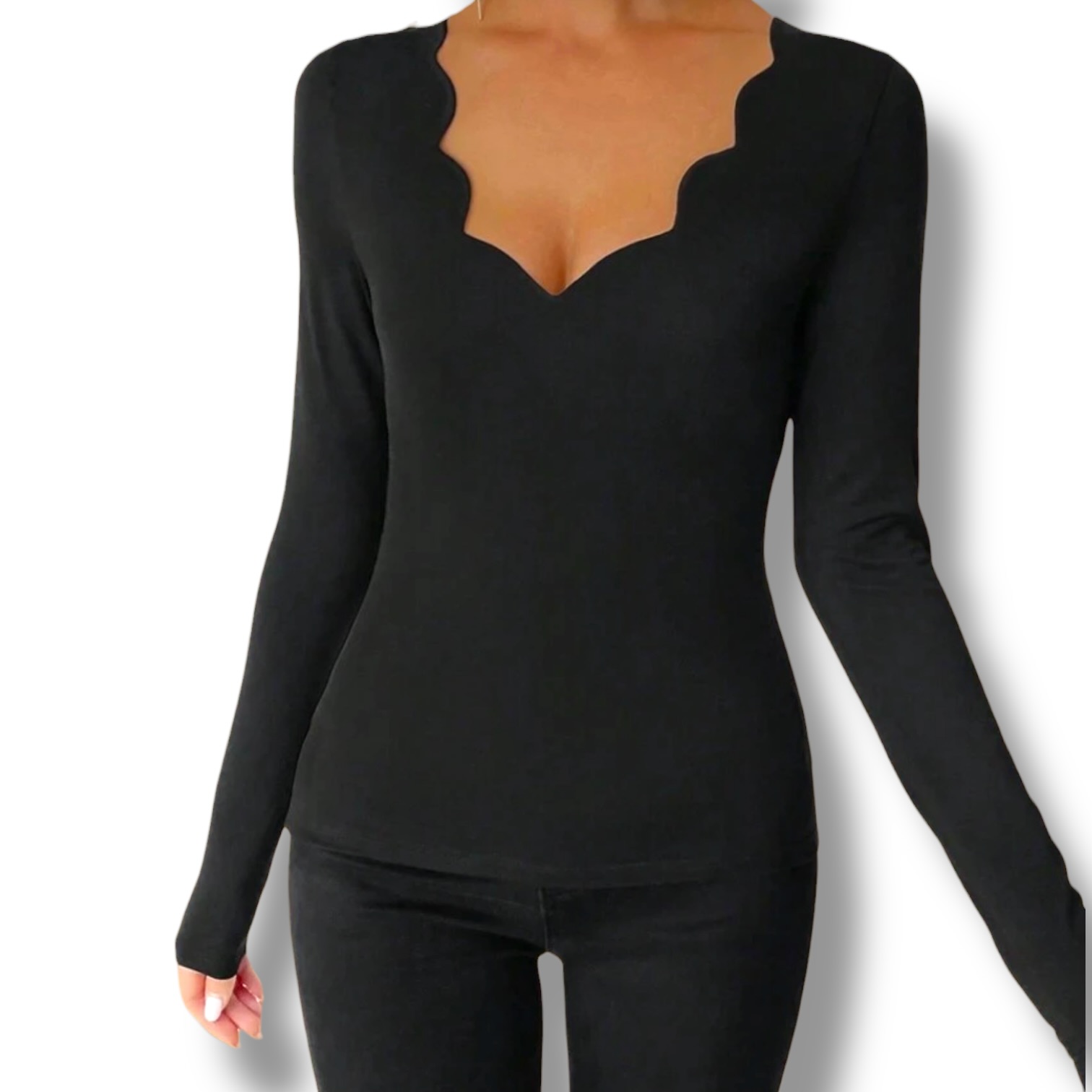 Emery Rose Black Scallop Neck Long Sleeve Top – Size Small New - Image 2