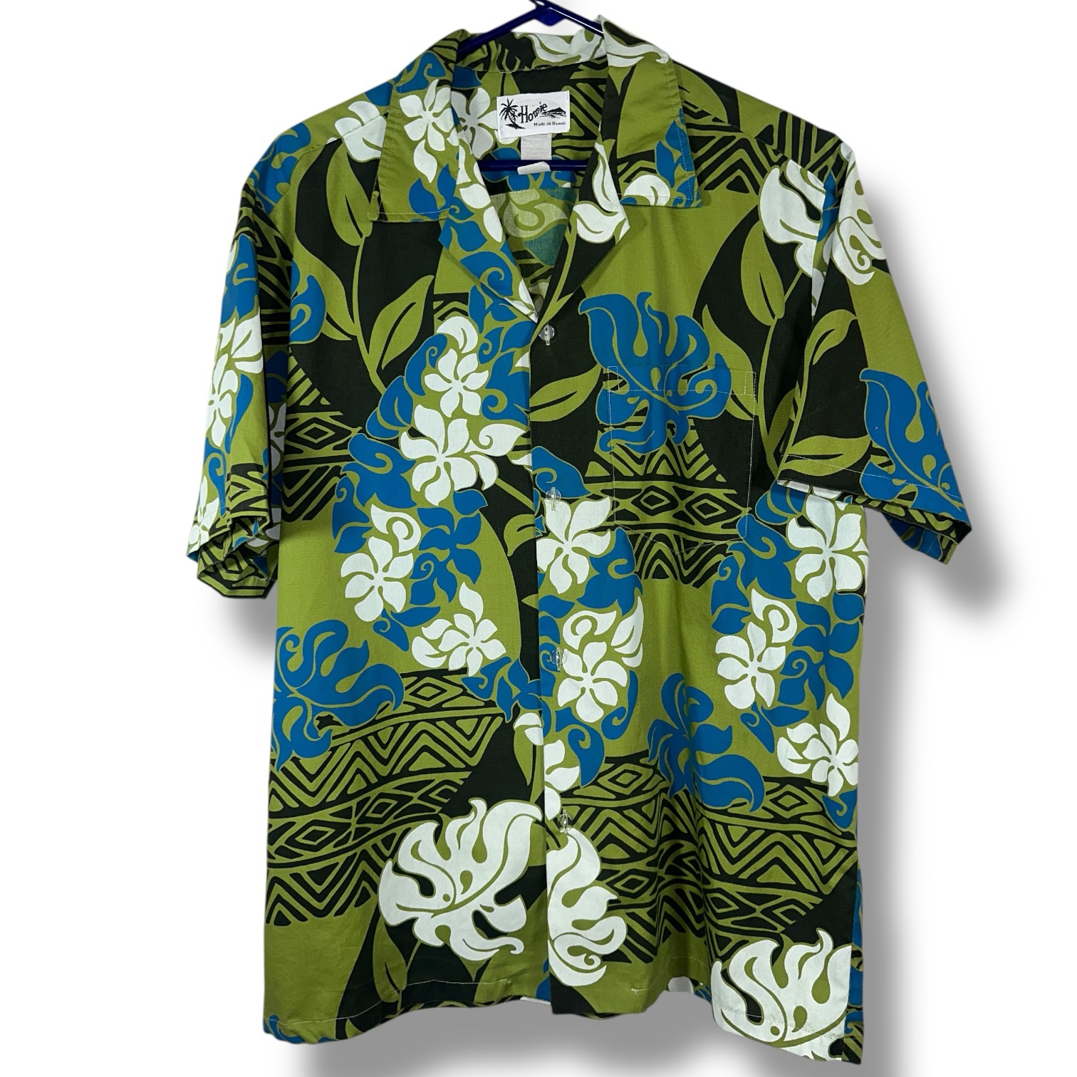 Howie Made in Hawaii Men’s Large Green Blue Floral Hawaiian Shirt - Image 2