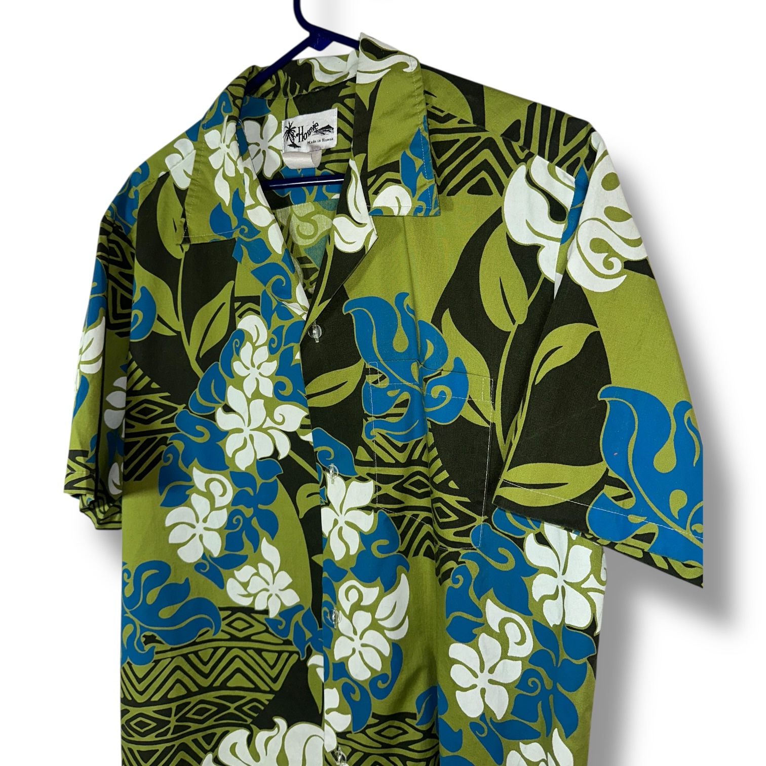 Howie Made in Hawaii Men’s Large Green Blue Floral Hawaiian Shirt - Image 4