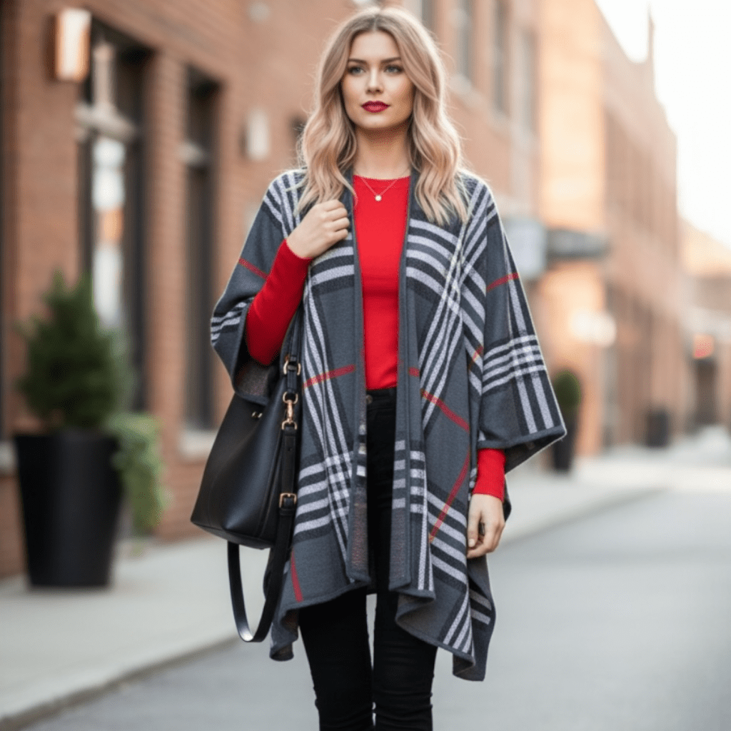 Ellie & Kate Plaid Ruana Shawl Wrap One Size Open Front Gray Red Cozy