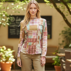 Sheer Patchwork Mesh Ruffle Top – Long Sleeve Mock Neck