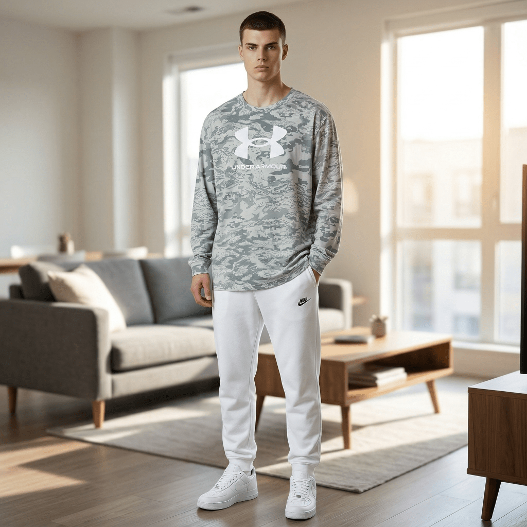Under Armour Camo Long Sleeve Shirt – Men’s Medium Gray Green Loose Fit