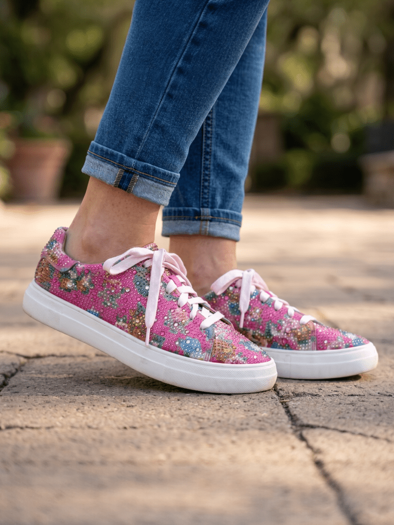 SHEIN Rhinestone Platform Sneakers Pink Floral Bling Shoes Size 8.5