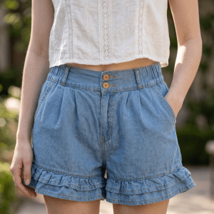 SHEIN Chambray Ruffle Shorts Size 27 Lightweight Denim Look