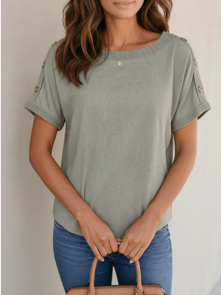 Melissa Paige Tea Green Button Shoulder Knit Top Medium NWT