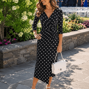 Connected Apparel Black White Polka Dot Twist Front Midi Dress Size 8 NWT