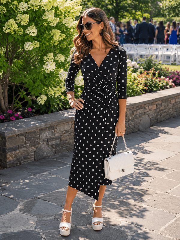 Connected Apparel Black White Polka Dot Twist Front Midi Dress Size 8 NWT