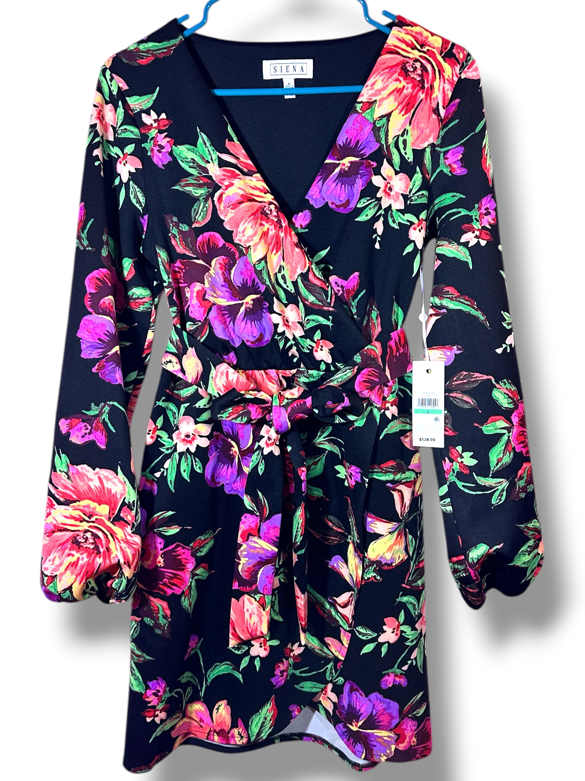 Siena Navy Floral Tie Waist Long Sleeve Dress Size 8 NWT - Image 2