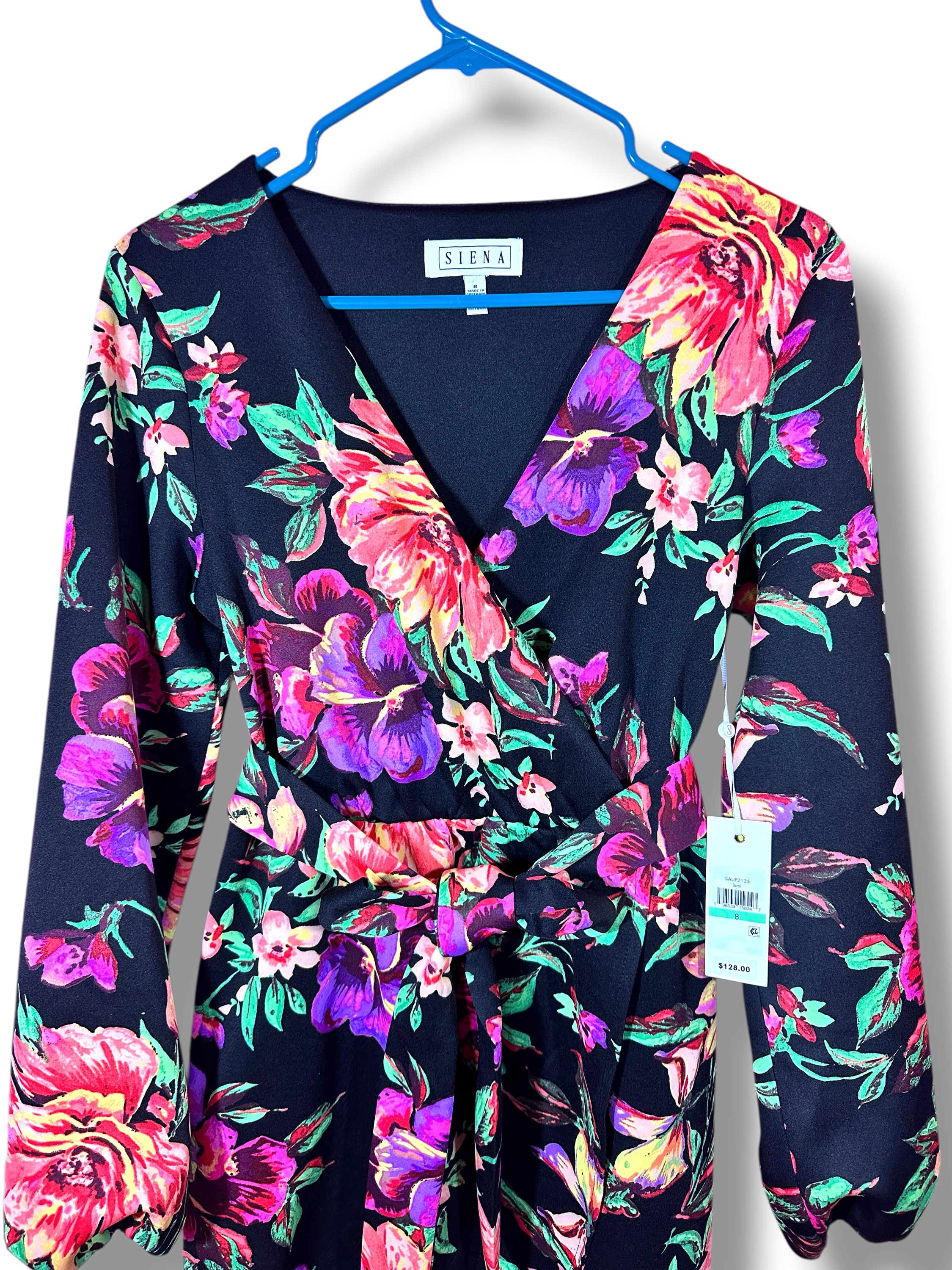 Siena Navy Floral Tie Waist Long Sleeve Dress Size 8 NWT - Image 3