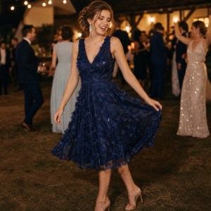 Eliza J Navy 3D Floral Sequin Fit and Flare Dress Size 8 NWT