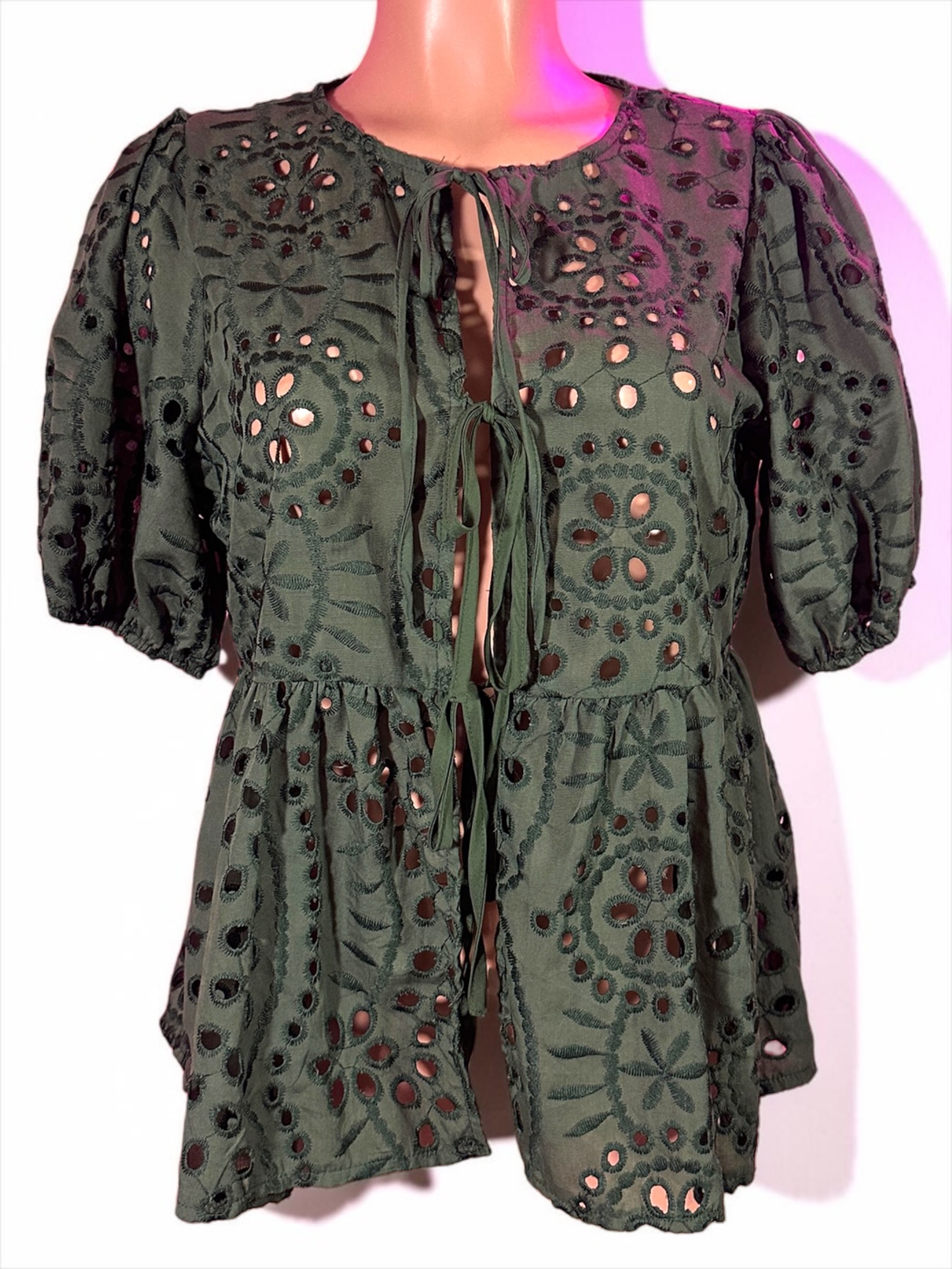 SHEIN Olive Green Eyelet Embroidered Tie Front Peplum Blouse Size M - Image 2