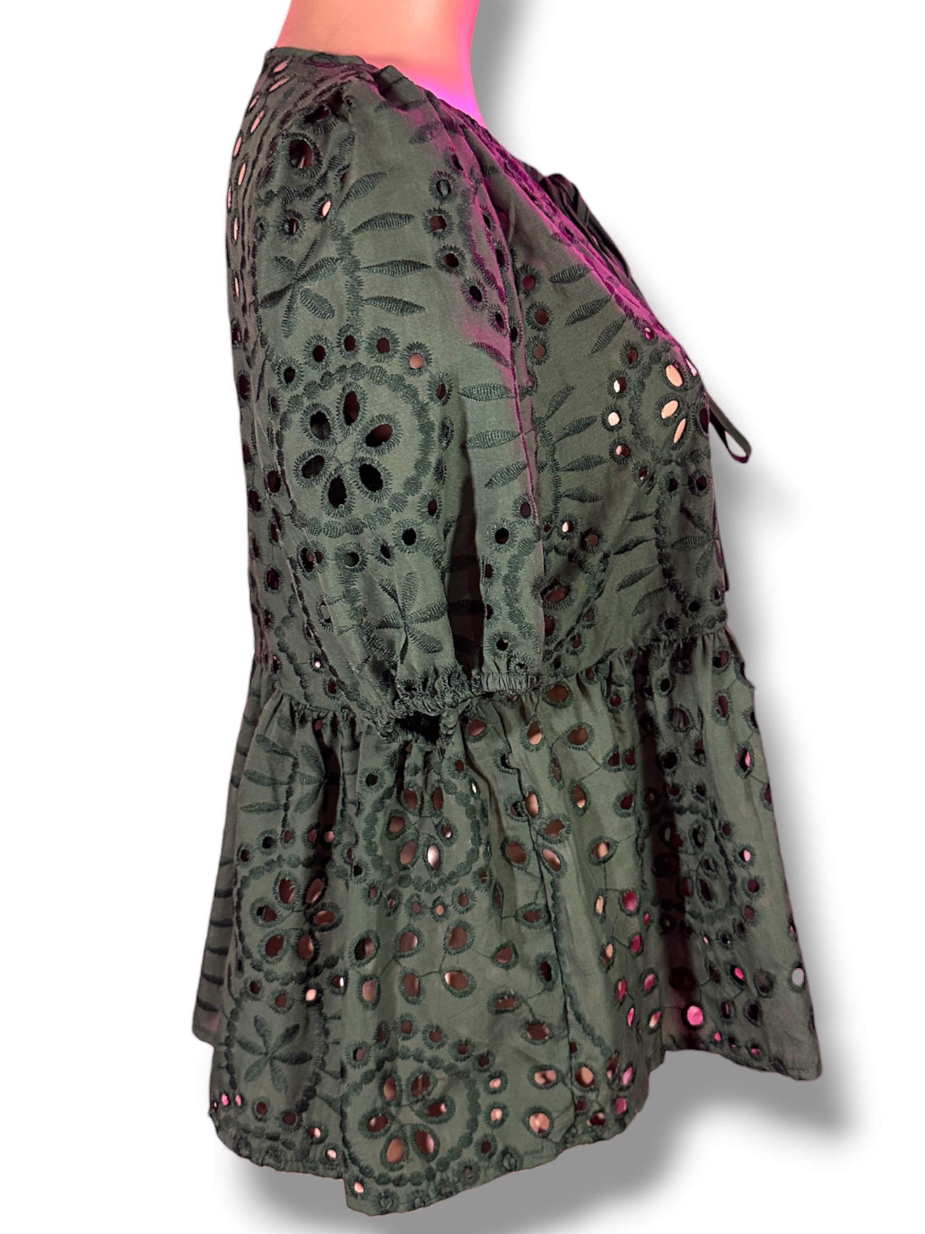 SHEIN Olive Green Eyelet Embroidered Tie Front Peplum Blouse Size M - Image 3
