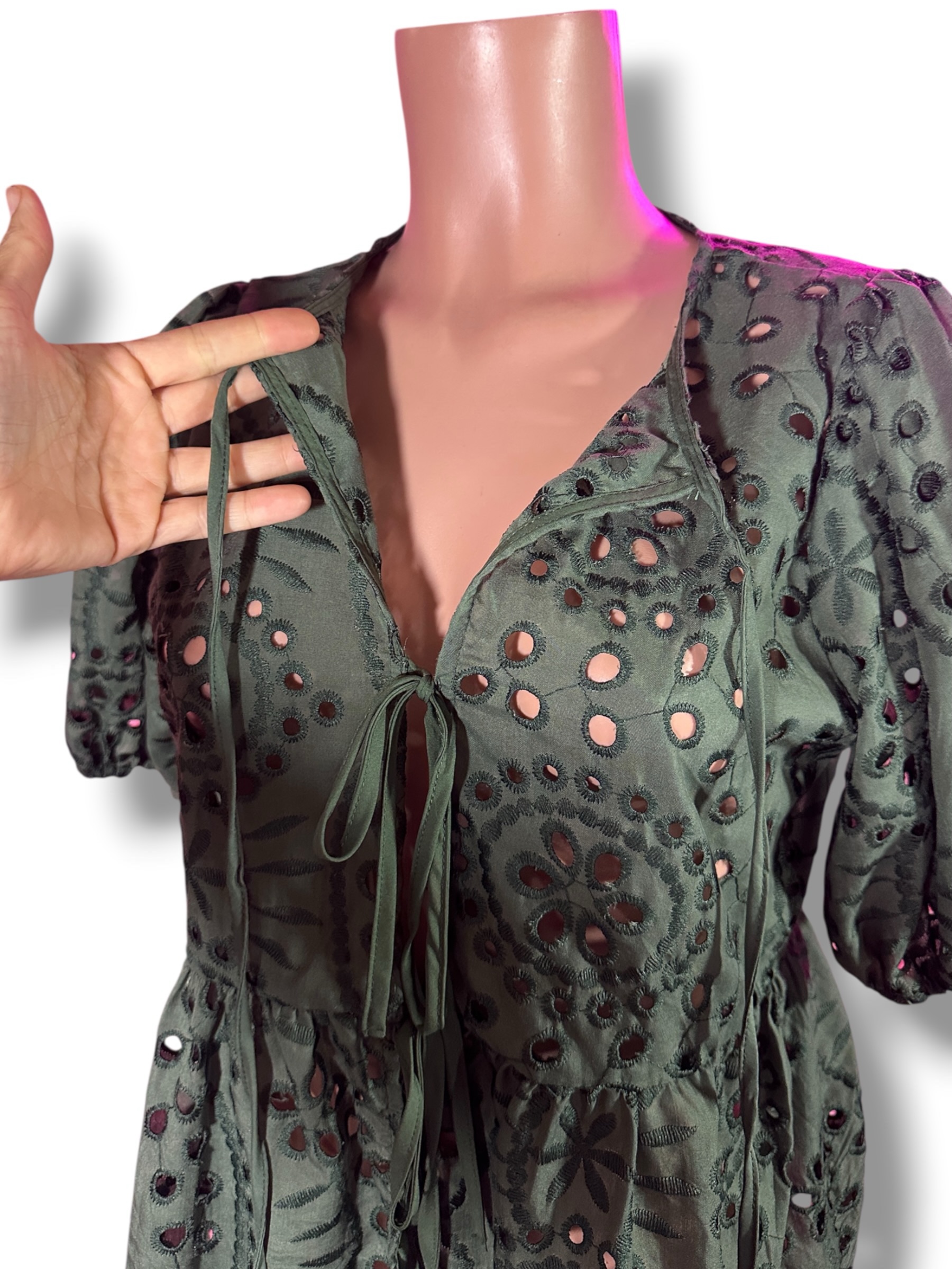 SHEIN Olive Green Eyelet Embroidered Tie Front Peplum Blouse Size M - Image 10